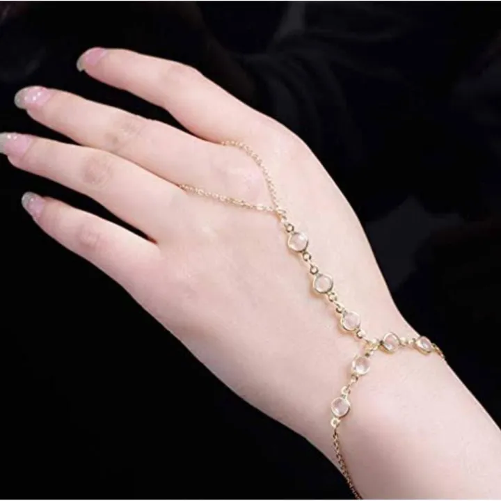 Gold Beautiful Excellent Quality Faux Pearl Bracelet Link Finger Ring Hand Chain Harness Jewelry For Girls / Women