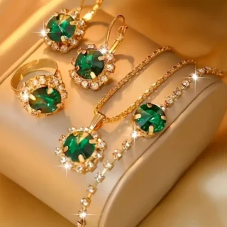 Golden & Green 3pcs Korean Jewellery Fashion Necklace | Ring | Earrings Korean Jewellery for Girls Stylish - Bautiful Stylish Set For Girls