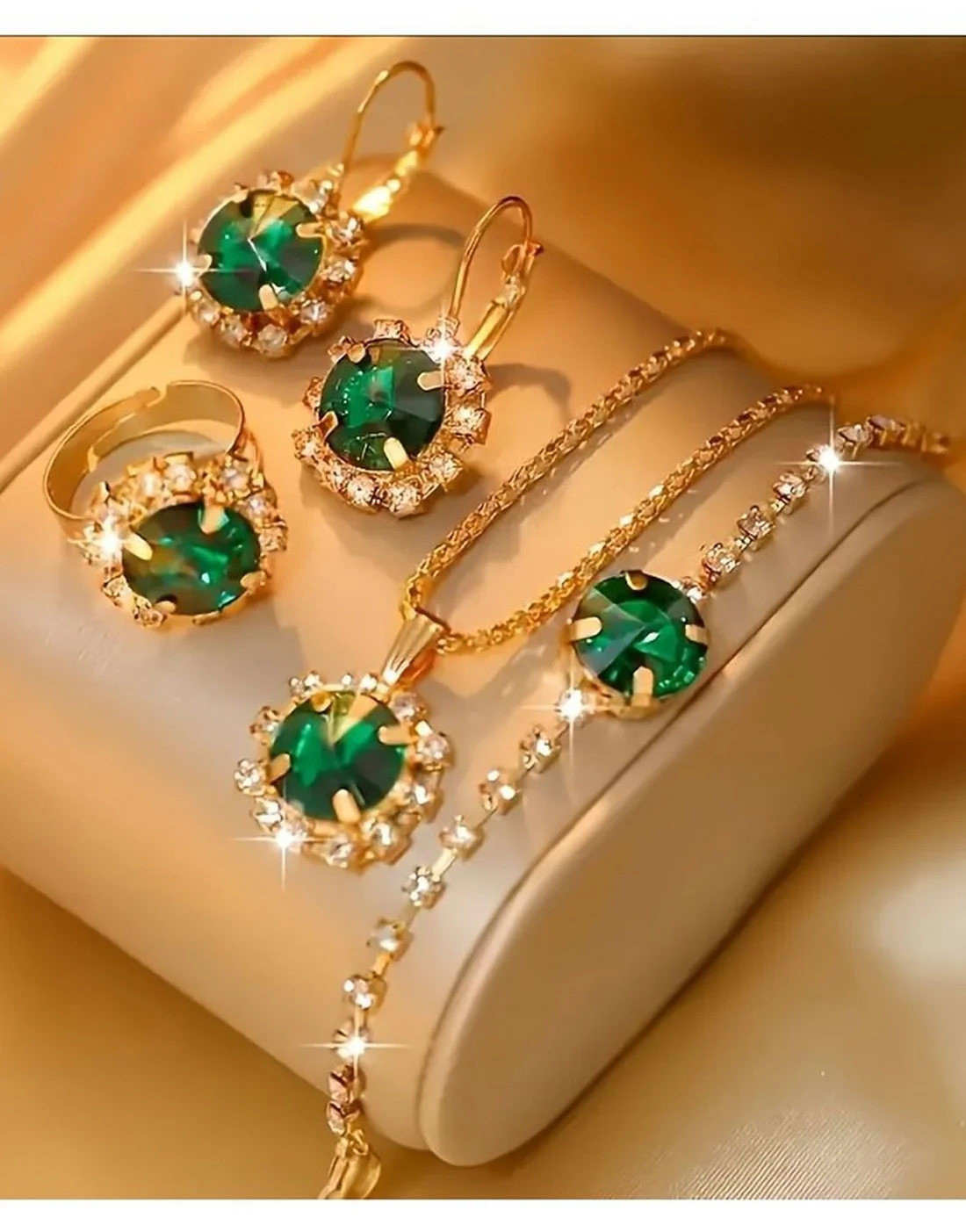 Golden & Green 3pcs Korean Jewellery Fashion Necklace | Ring | Earrings Korean Jewellery for Girls Stylish - Bautiful Stylish Set For Girls